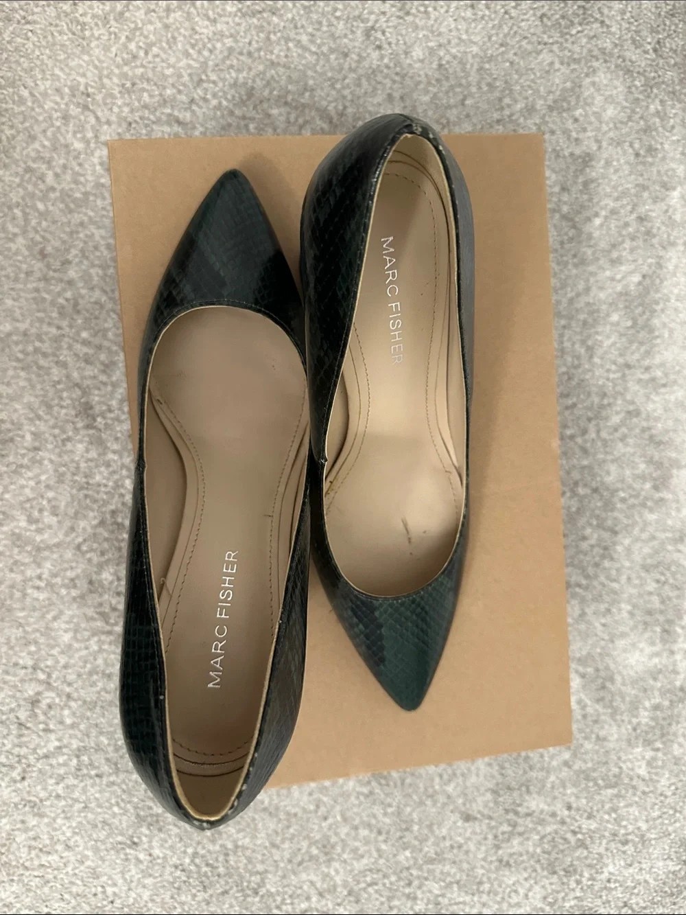 Marc Fisher Dark Green Snake-Print Pointed Block Heel Pumps